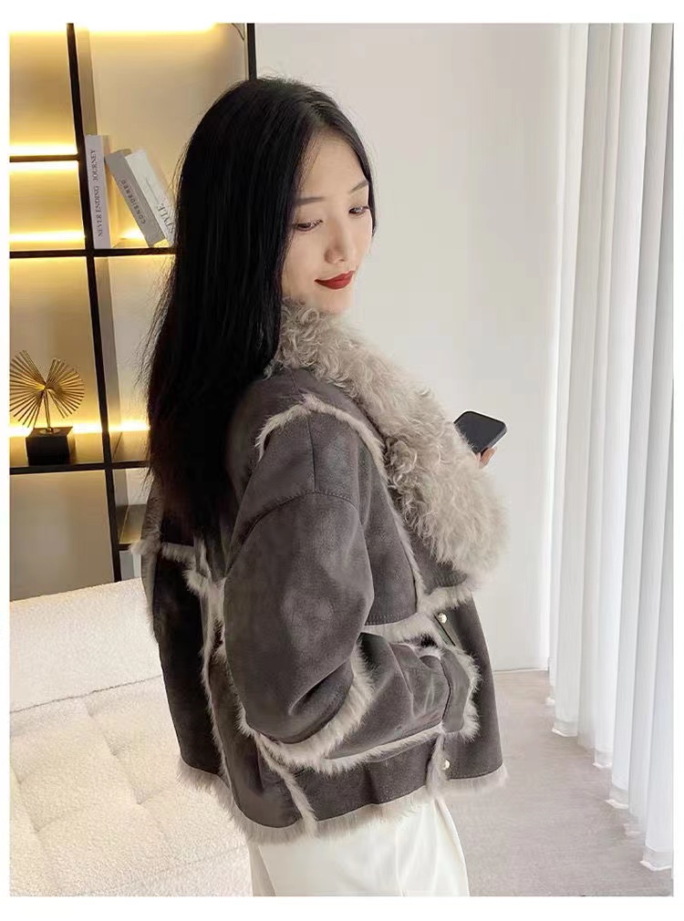 2024 Sprng e Aumn Sort Fur Sheskin Jcket feminino, tecido de camurça bronzeada, 100% Ntural Rbbit ur Liing, luxuoso e F