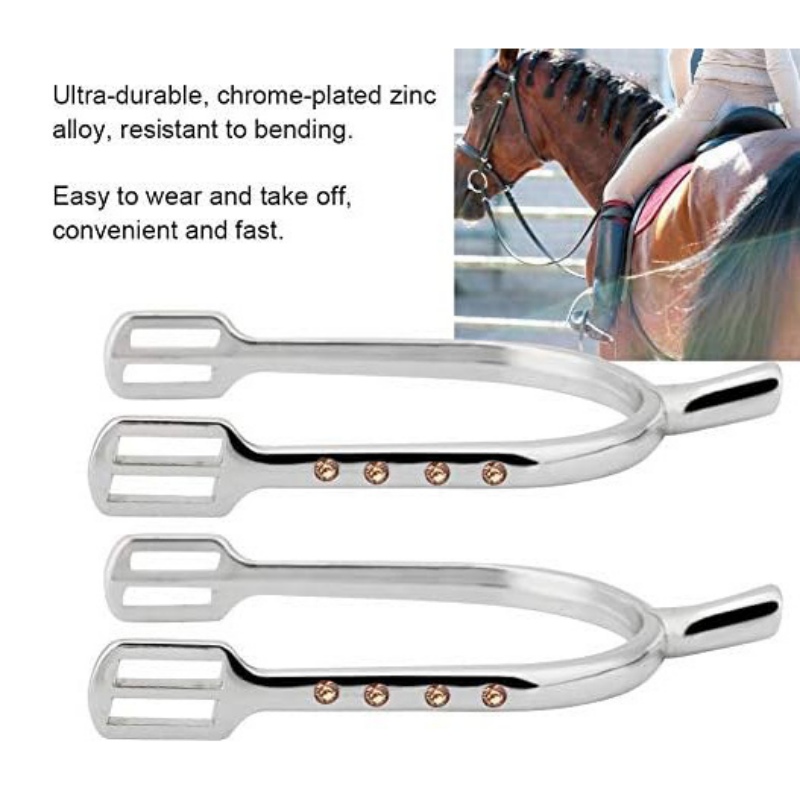 1 par de esporas inglesas com alças para mulheres, liga de zinco cromada, esporas equestres redondas com strass