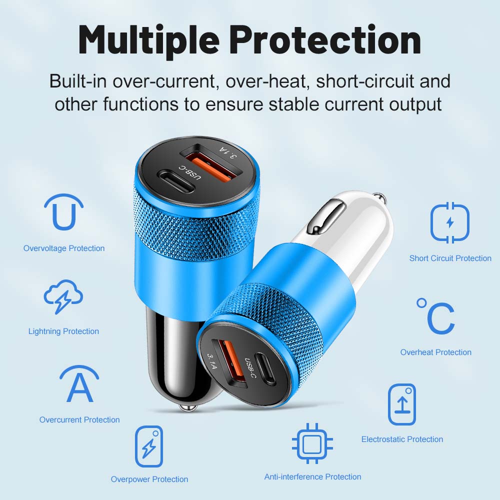 Ładowarka samochodowa USB PD 3.1A typu C Szybkie ładowanie samochodowej ładowarki do telefonu iPhone Xiaomi Huawei Samsung Szybka ładowarka