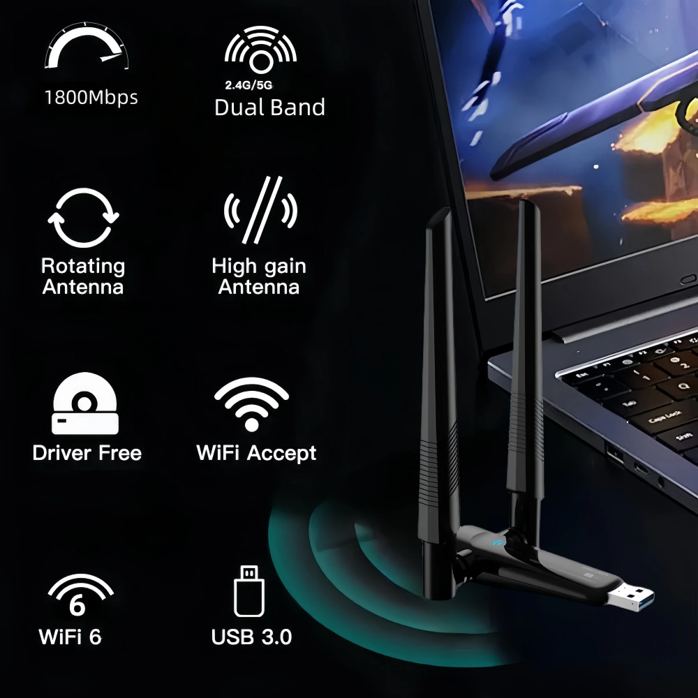 1800mbps wifi 6 adaptador usb 5g/2.4ghz usb3.0 wi-fi dongle sem fio 802.11ax placa de rede antena de alto ganho para windows 10 11