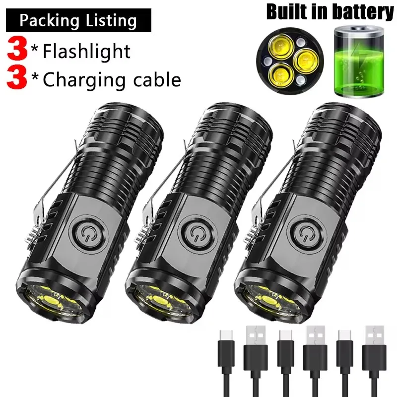 Linterna superbrillante de 3LED, Mini linterna portátil de ráfaga, recargable por USB, linterna de emergencia para exteriores, foco con Clip para bolígrafo