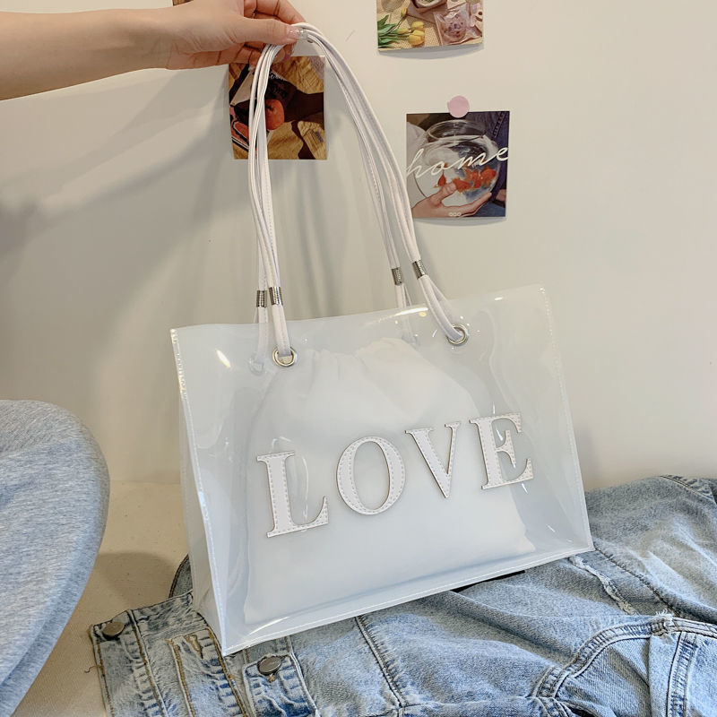 ใหม่แฟชั่น LOVE Letter Splicing โปร่งใสไหล่กระเป๋าสําหรับสตรีกันน้ํา Jelly กระเป๋าเก็บกระเป๋าด้านใน