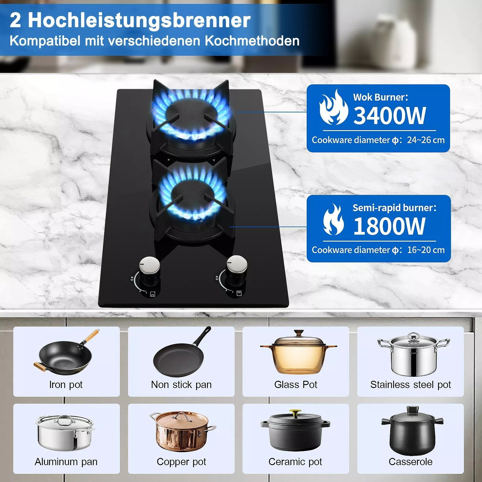 Topstrong 2-Brenner-Kochfeld aus Keramik und Glas, Erdgas-Propangas-Kochfeld YYEUGCT-B02