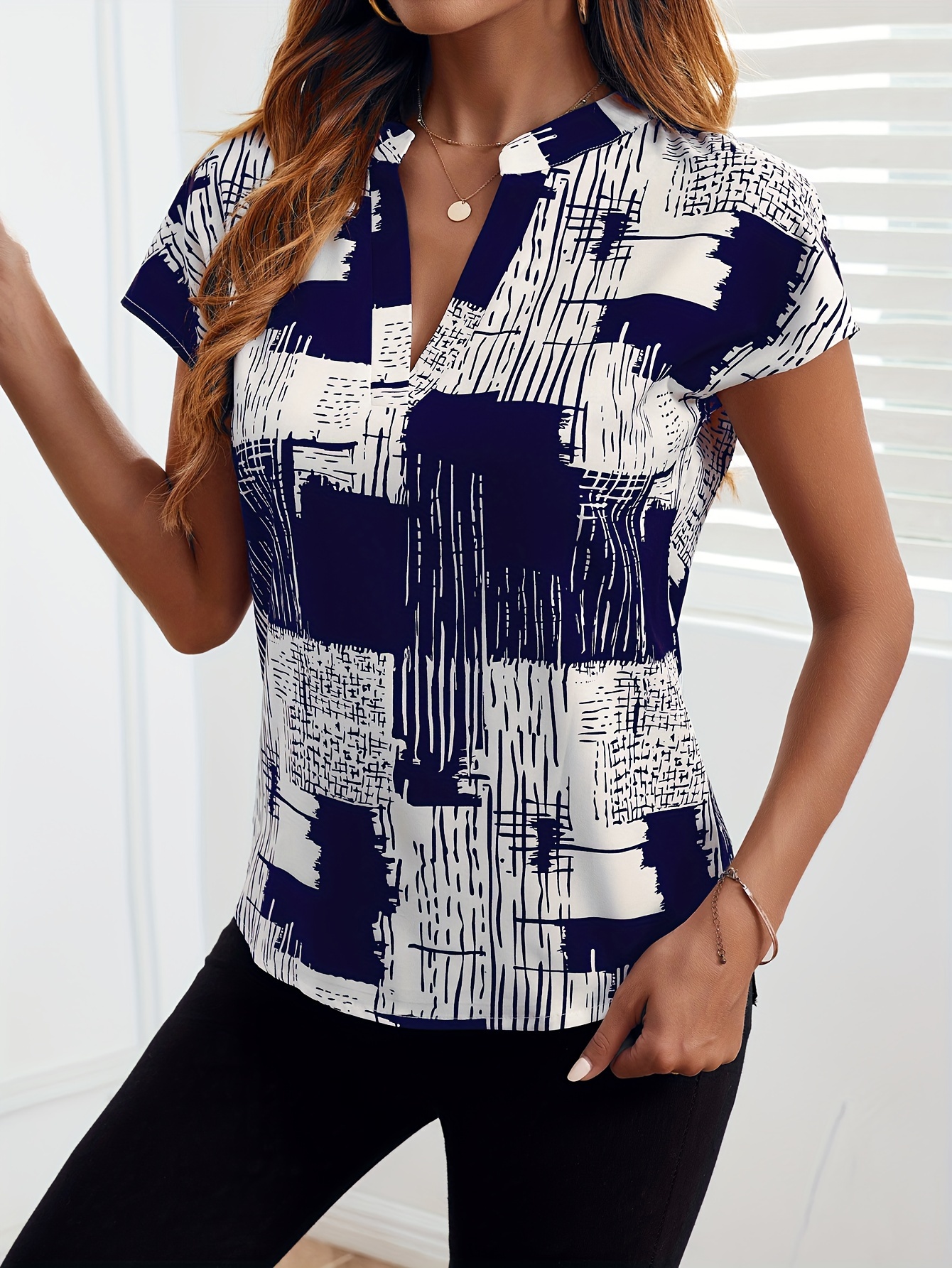New Women's V-Neck Short Sleeve Shirt, Women's Full Print Dolman Sleeve Top, Women's
