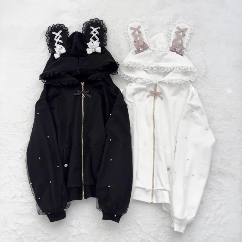 Japonês pérola gaze retalhos casacos feminino y2k estética rendas orelhas de coelho jaquetas casuais oversized harajuku kawaii hoodies topo