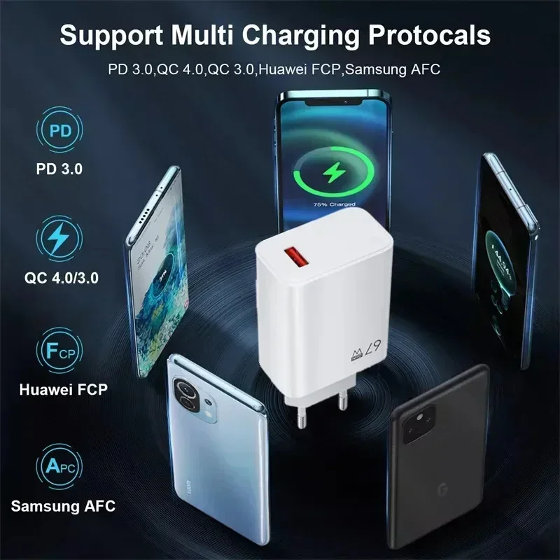เครื่องชาร์จ USB พร้อมสายเคเบิลประเภท C 6A PD 67W ชาร์จเร็วสำหรับเสี่ยวมี่ 14 โปร เรดมี่หมายเหตุ 13 โปรโทรศัพท์มือถืออะแดปเตอร์