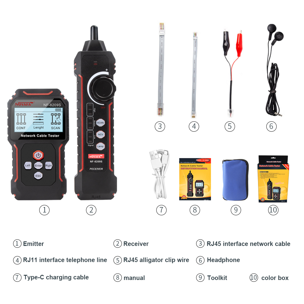 Rastreador de cables de red NOYAFA NF-8209S probador de medida Lan herramientas de red pantalla LCD medida longitud Wiremap probador rastreador de cables