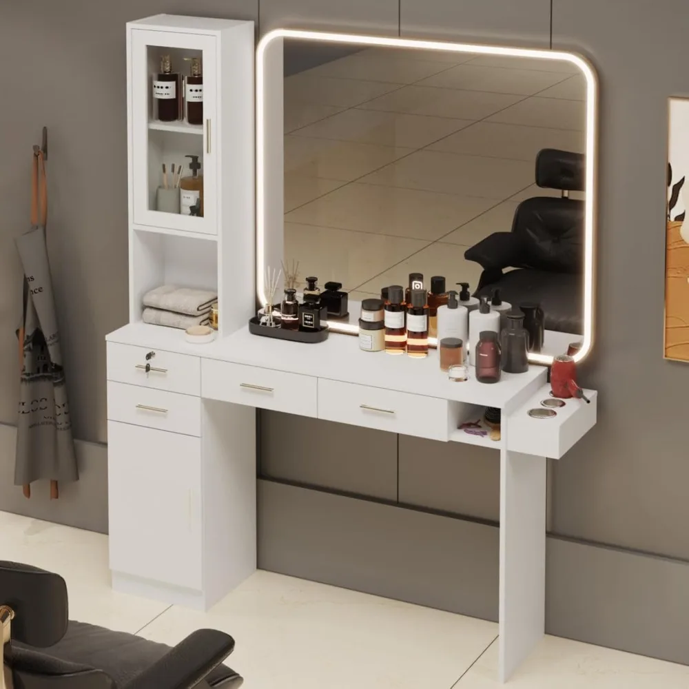 Wall Mount Salon Station for Hair Styling, Barber Station with Hair Dryer Holder, Drawers, Cabinet, Salon Furniture Storage