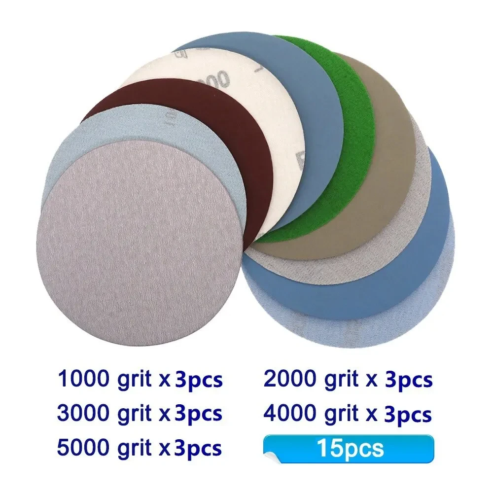 15 PCS Inches Grit 1000 2000 3000 4000 5000 Sanding Discs Hook Loop Sandpaper Round Disk