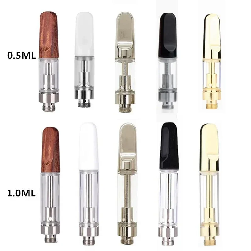 10 Stück TH205 Vape-Kartuschen 0,5 ml 1,0 ml CC-ell-Zerstäuber Keramikspule Schwarz/Silber/Gold/Holz-Tropfspitzen 510-Gewinde dicker Öltank