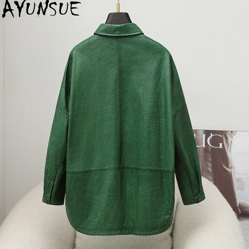 Ayuntsue แจ็กเก็ตหนังแกะเคลือบแว็กซ์น้ำมันแท้สำหรับผู้หญิงแจ็กเก็ตสีเขียววินเทจแฟชั่นฤดูใบไม้ร่วงเสื้อผ้า2024