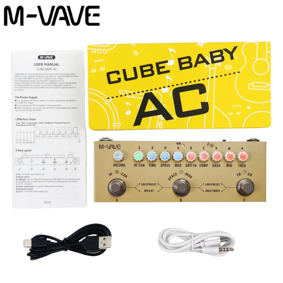 M-VAVE Cube Baby AC Pro Acoustic Guitar Processor | 9 AMP/IR Sims w/ Dly/Chs/Rvb FX | USB Audio Interface & Type-C Recharge