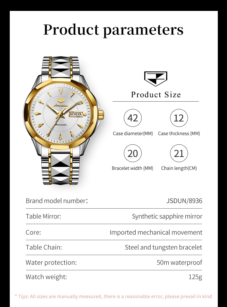 JSDUN Original Mechanische herren Uhren Wasserdicht Edelstahl Band Gold Armbanduhren Datum Automatische Uhr Für Männer Echte