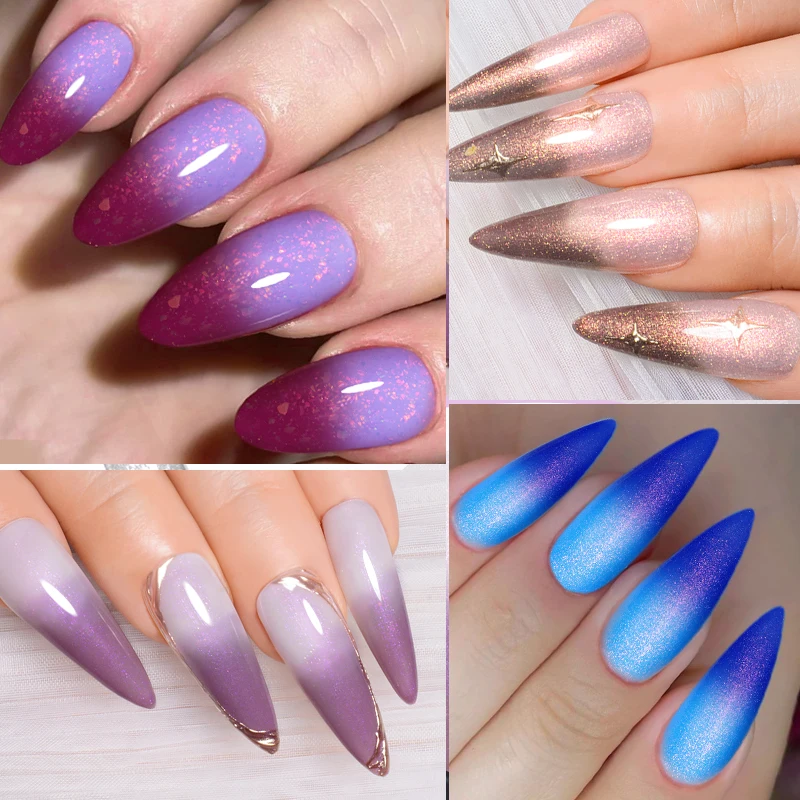 Esmalte de uñas de Gel térmico Auroras, barniz de Gel semipermanente que cambia de Color con brillo desnudo púrpura y temperatura brillante, 7ml
