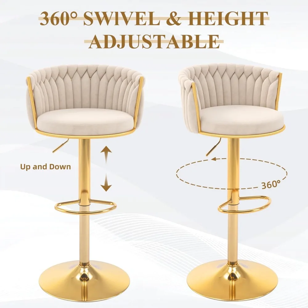 Gold Bar Stool Set of 4, Velvet Swivel Barstools, Height Adjustable Counter Stools with Woven Backrest, Upholstered Modern