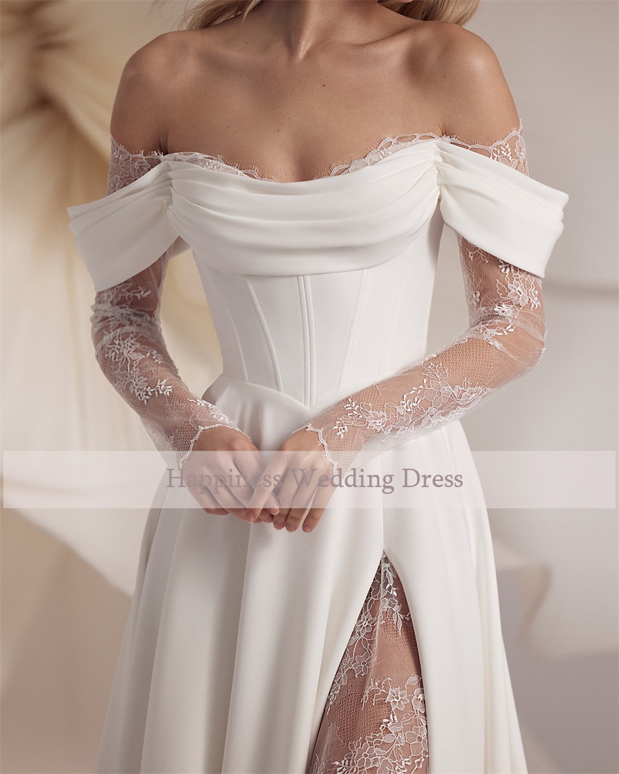 Disegni personalizzati con corsetto senza spalline Abito da sposa con maniche in pizzo a 3/4 A-Line Abiti da sposa con spacco frontale con lacci Abiti da sposa