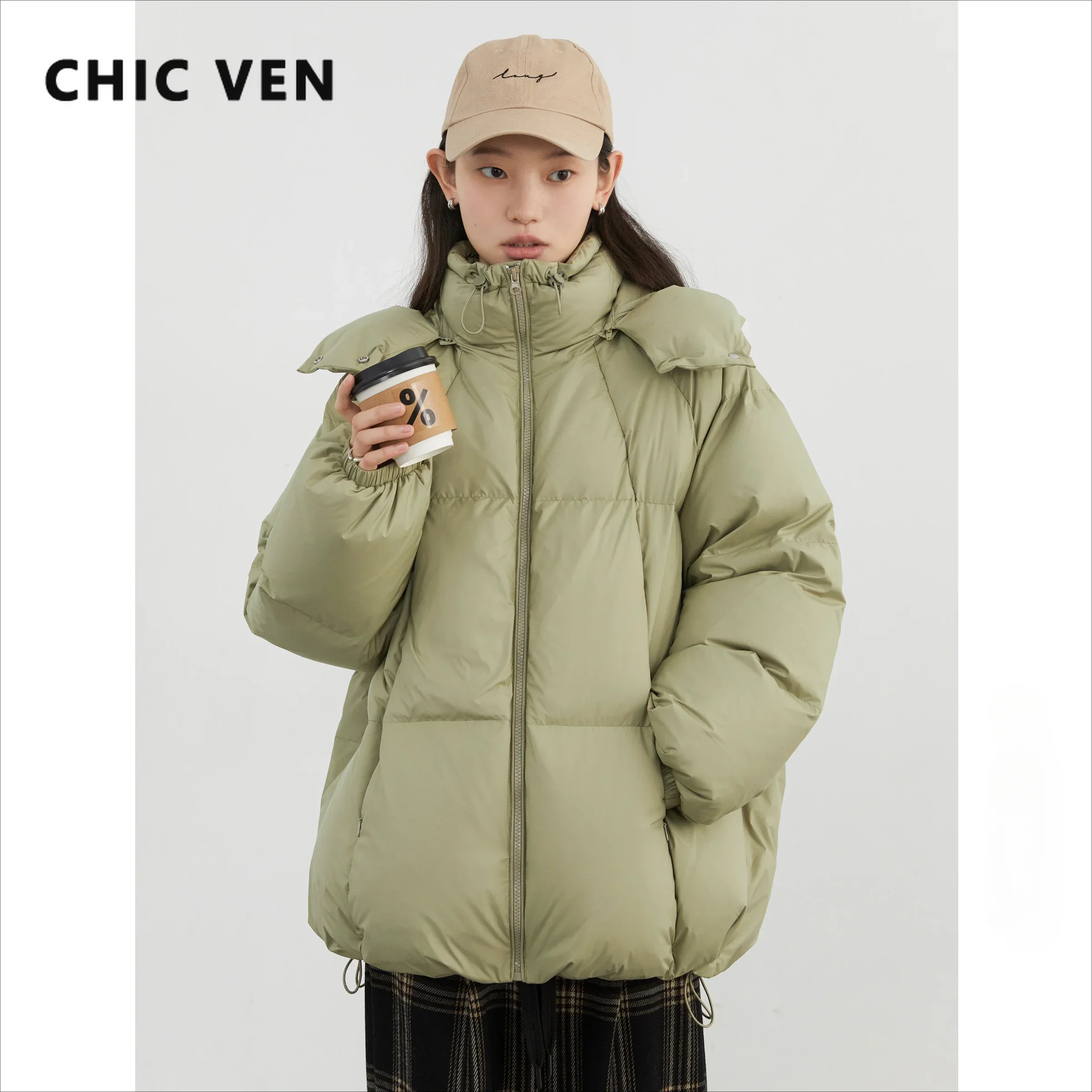 CHIC VEN Damen-Daunenmäntel, lockere feste Kapuze, 90er weiße Entendaunen, weibliche Daunenjacke, mittellang, warme Jacke, Herbst und Winter 2024