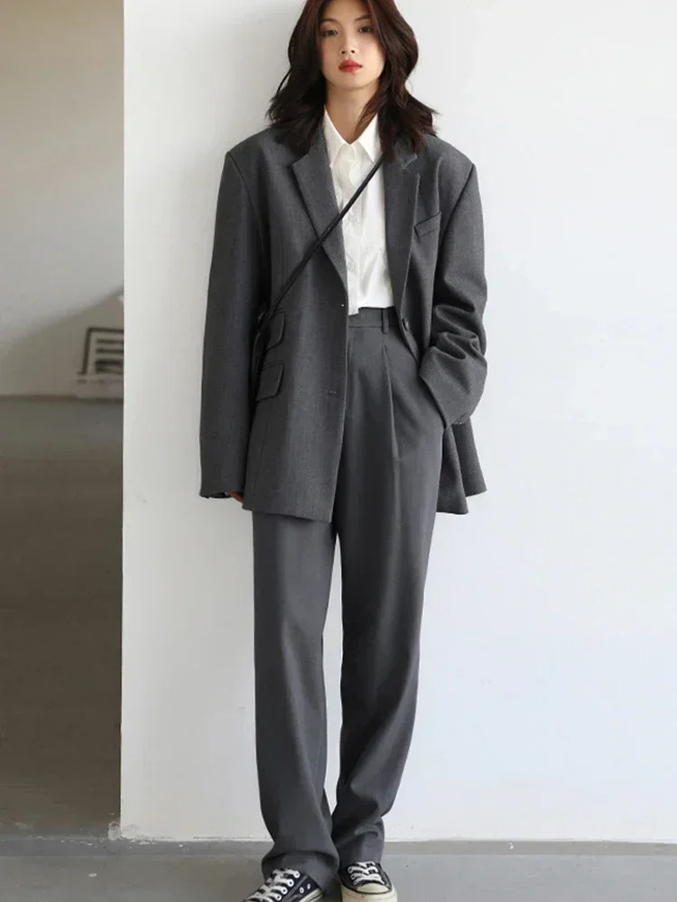Chic ven moda feminina blazer conjunto sólido solto senhora do escritório calças de cintura alta ternos outerwear casaco feminino topos primavera outono 2022