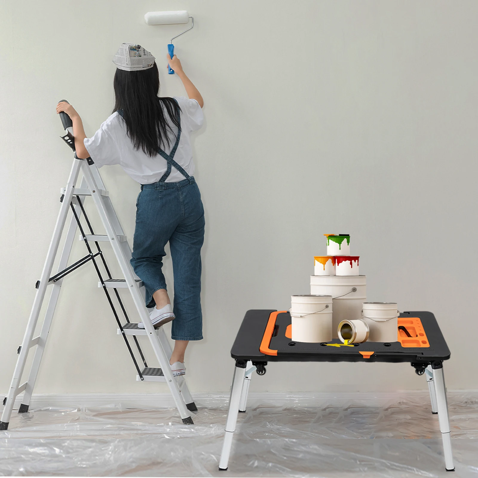 7-in-1 Multifunctional Work Platform with 2 Lockable Universal Wheels+2 Universal Wheels, Adjustable Height Workbench Handcart