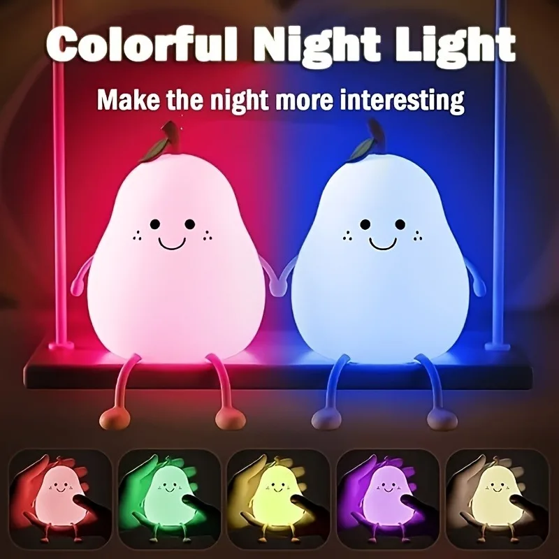 Luz nocturna de pera bonita, luz nocturna regulable de 7 colores con control táctil, lámpara de silicona reductora de estrés, recargable por USB, 1 ud.
