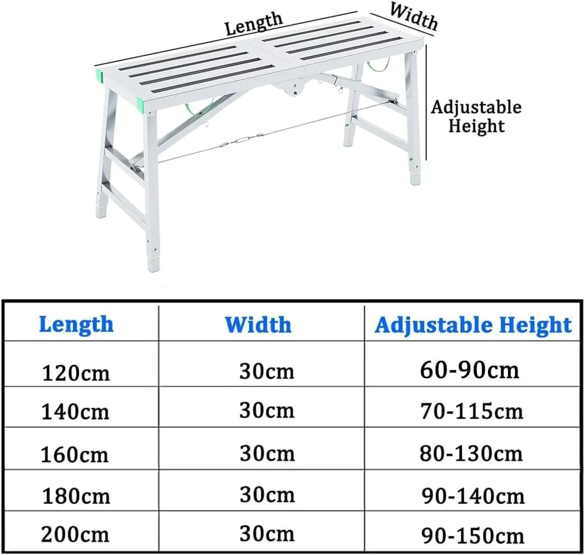 Ponteggio a scala multiuso portatile, regolabile in altezza e pieghevole con una piattaforma di lavoro 160x30 cm. Capacità di carico: 200 kg.