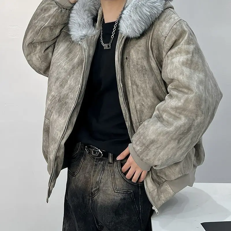 Jaqueta de algodão masculina de inverno com gola de pele bordado de águia e design tie-dye jaqueta estilo ao ar livre engrossa e confortável
