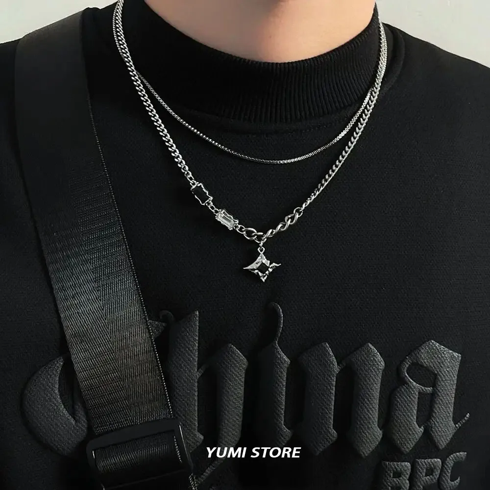 Collar de doble capa de estrella de circón de Hip Hop para hombres y mujeres, colgante de acero de titanio con dije de tendencia, cadena, joyería Unisex al por mayor