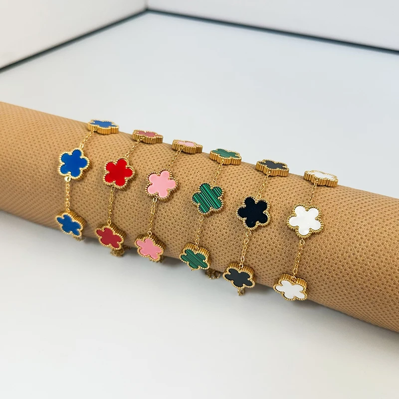 ปรับสร้อยข้อมือสแตนเลสสองด้านสร้อยข้อมือห้ากลีบดอกไม้ Gold Plated Clover ผู้หญิงแฟชั่นเครื่องประดับ