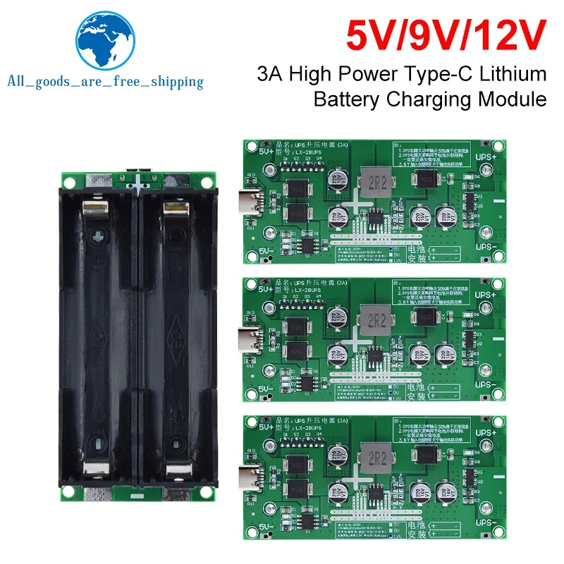 TZT Type-C 15W 3A Fast Charge UPS Power Supply / 18650 Lithium Battery Charger Module DC-DC Step Up Booster Converter 5V 9V 12V