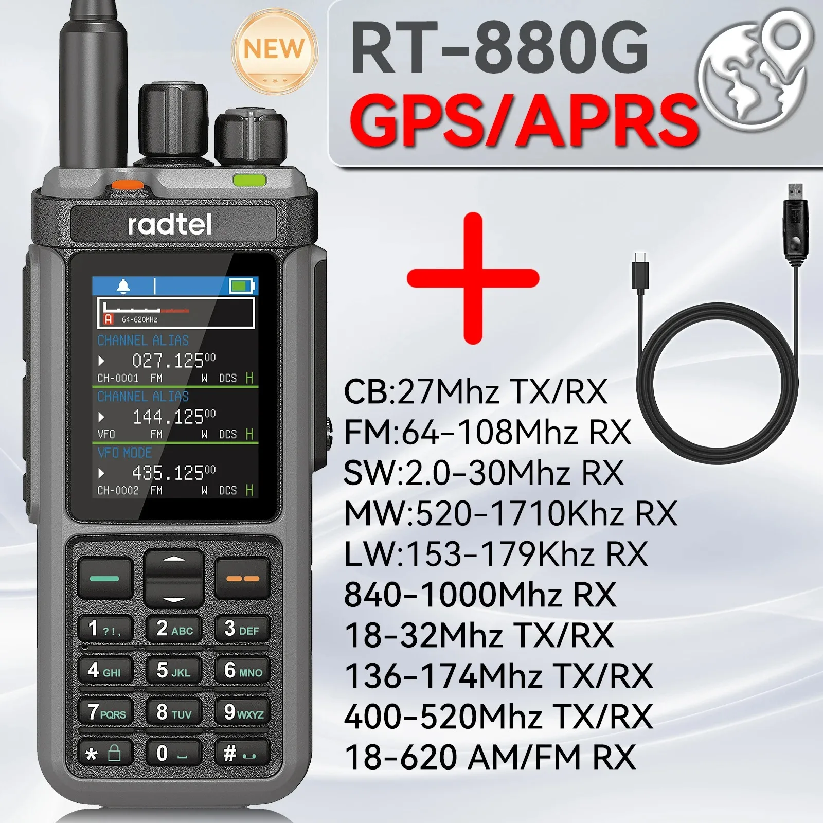 Radtel RT-880G + Cable de programación Ham Radio 10w 1024 CH con AM SSB CB rx, USB LSB CW CB LW MW SW 2000mAh 1024 canales tipo C
