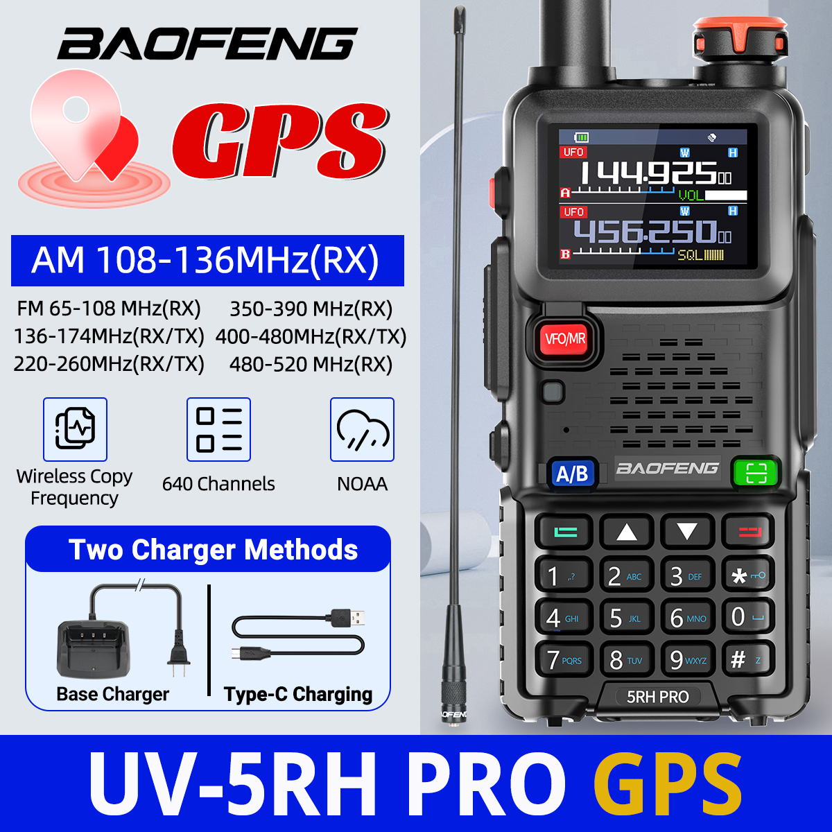 Baofeng UV-5RH PRO GPS Walkie Talkie Multi Banda Frequência de cópia sem fio Tipo-C Carregador Atualização UV-5R UV 17 Pro Gps Ham Radio