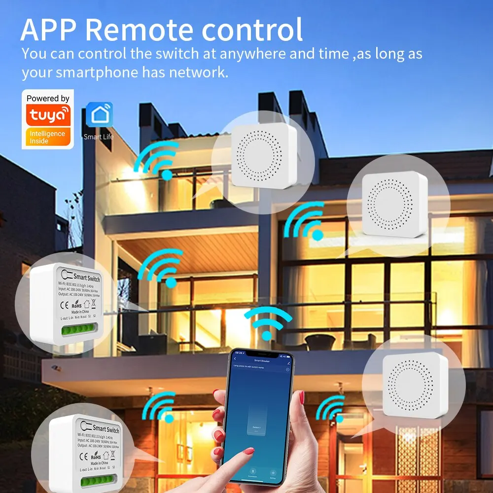 Interruptor WiFi inteligente Tuya de 16A, compatible con interruptores bidireccionales DIY, Mini interruptor inteligente, Control de vida inteligente, compatible con Alexa y Google Alice