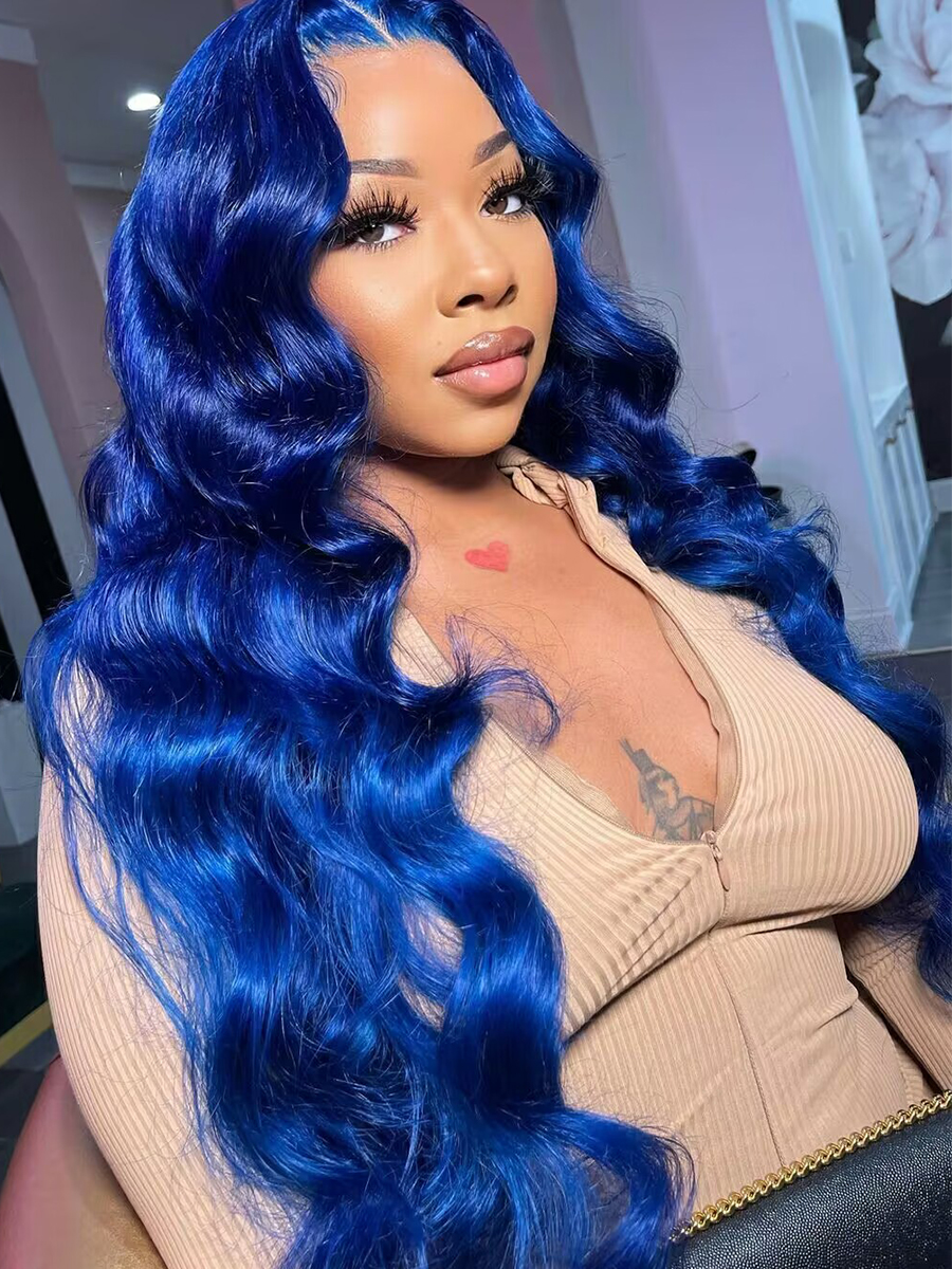 Blue 13x4 Lace Front Body Wave Human Hair Wigs Brazilian Blue Colored HD Transparent Lace Front Wigs For Women Pre Plucked