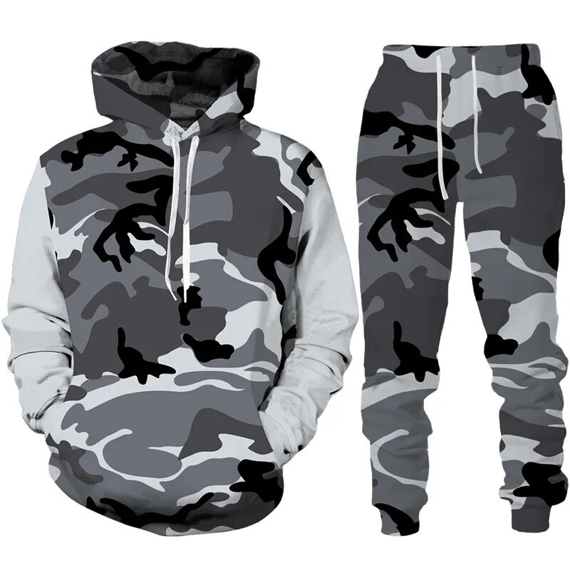 Outono camuflagem 3d impresso moletom com capuz terno masculino moletom moletom casual moda duas peças conjunto de treino roupas masculinas