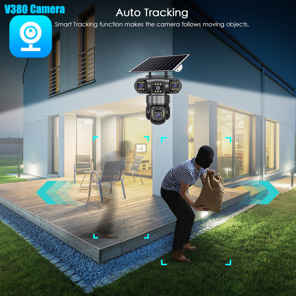 V380 Pro 12MP 10X Zoom Triple Lens 4G Solar Camera Outdoor Three Screen PIR Motion Detection Security Surveillance CCTV Cameras