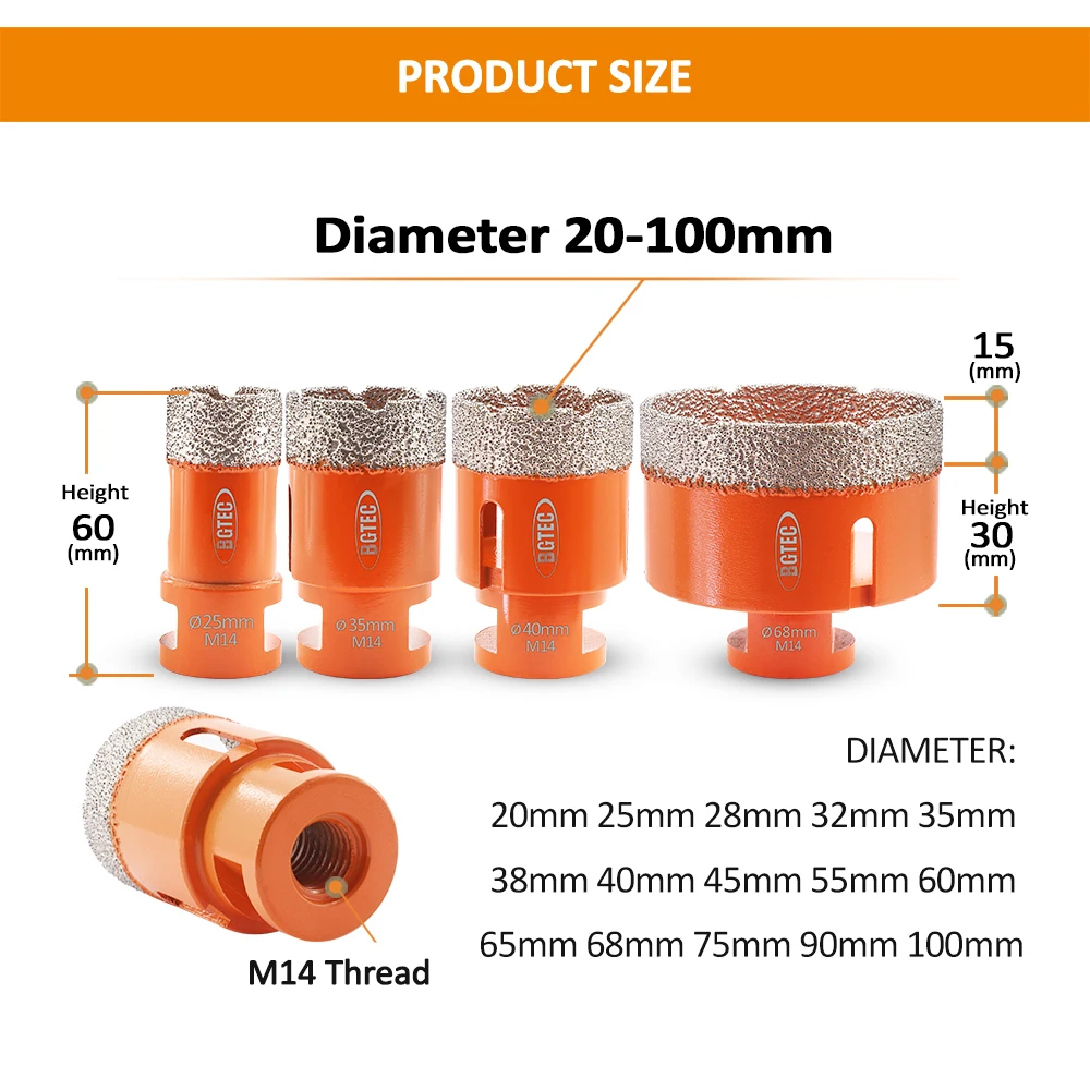 BGTEC 1 Hút Chân Không Chia Lửa Bằng Đồng Nguyên Kim Cương Khoan Bits M14 Ren Sứ Ngói Mũi Khoan Core Bit Đá Cẩm Thạch Nề Lỗ Cưa Cắt dia6-100mm