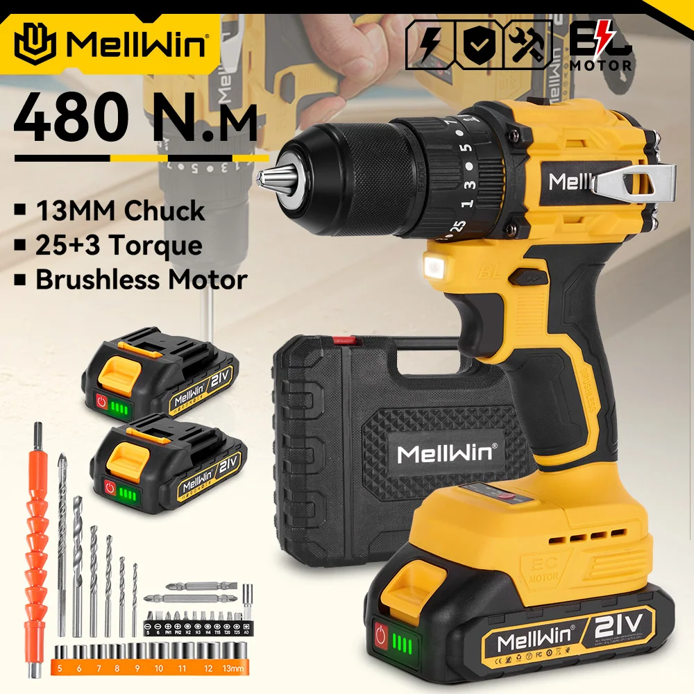 MELLWIN 25+3 Torque Brushless Electric Impact Drill Cordless Multipurpose Screwdriver Power Tool For Makita 18V Battery Pin