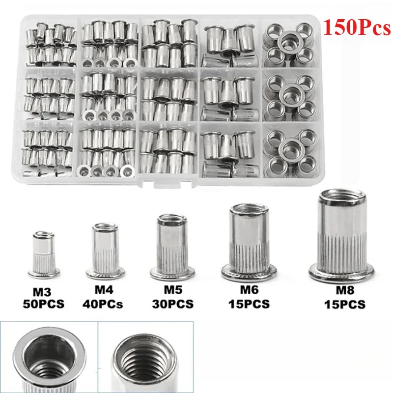Kit de porcas de rebite de aço inoxidável, 150 peças m3 m4 m5 m6 m8 com pistola de porca de rebite e 5 peças de alicate de crimpagem de parafuso de cabeça chata, ferramentas de reparo