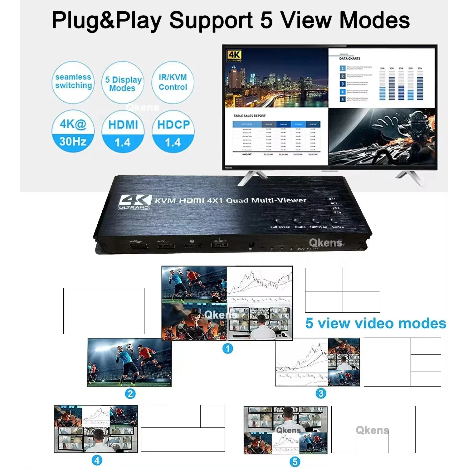 Мультипровер HDMI 1080p 4K 4x1 KVM HDMI Quad Multiviewer 4 В 1 Выход Бесшовный переключатель Поддержка 4 портативных ПК Поделиться мыши и клавиатуры