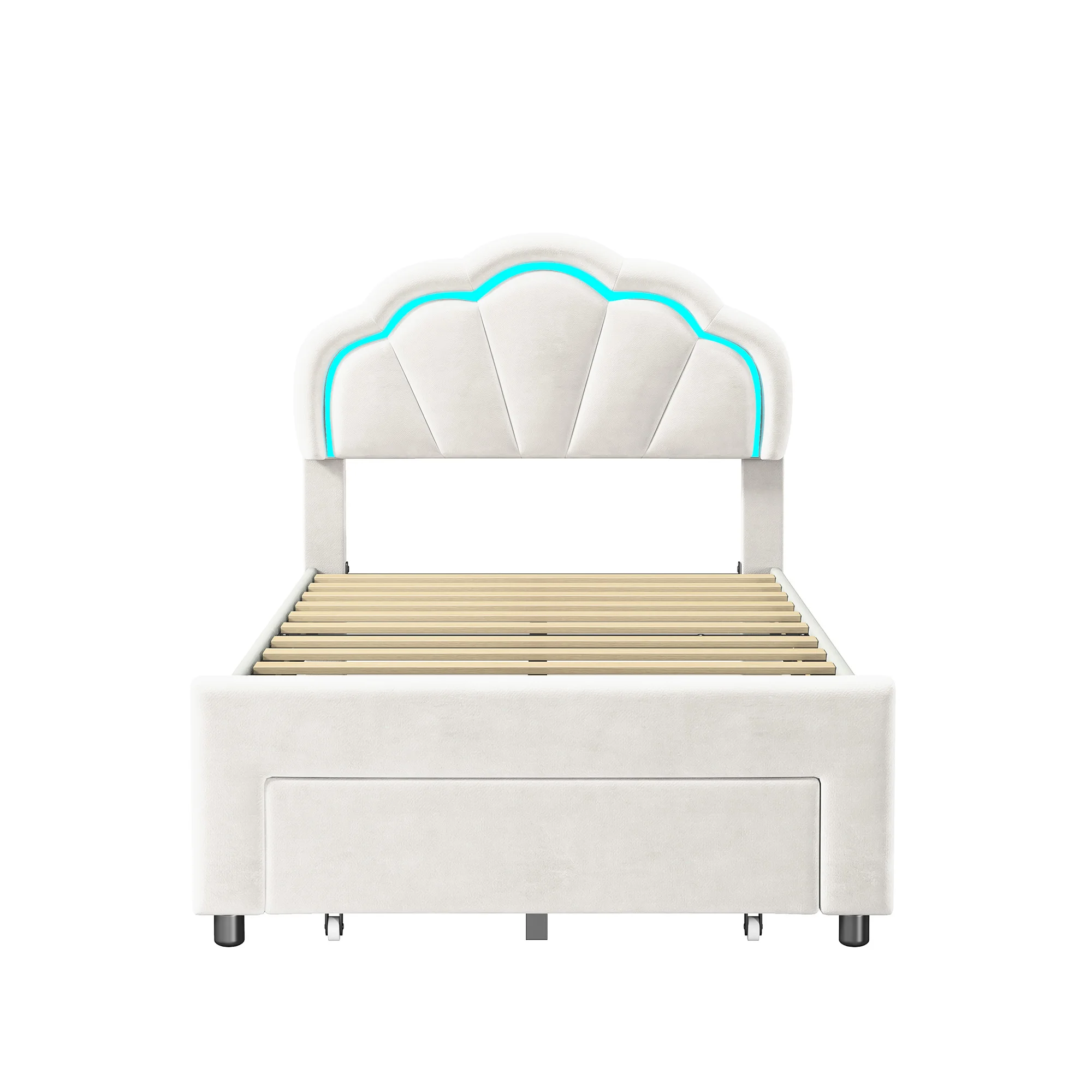 Comanlai-Cama infantil com forma de flor cabeceira, cama de solteiro estofada com luzes LED e gavetas, tecido de veludo, 90x200cm
