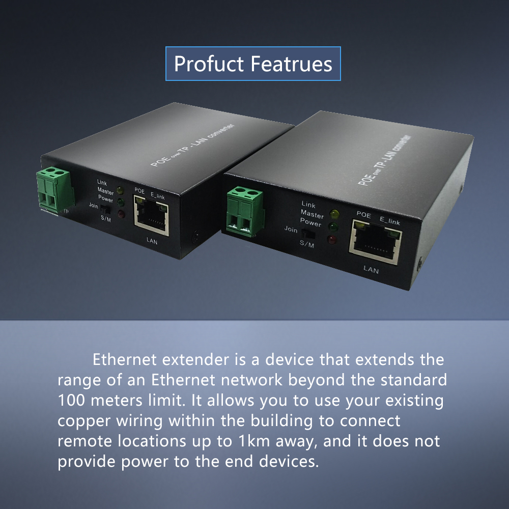 500 m großer 10/100 Mbit/s Ethernet-Repeater-Konverter über Twisted Pair 2-Draht-PoE-Extender für IP-Kamera