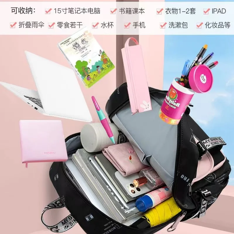 Fengdong 大型ランドセル十代の女の子のための USB ポートキャンバス通学学生ブックバッグファッション黒ピンクティーンスクールバックパック