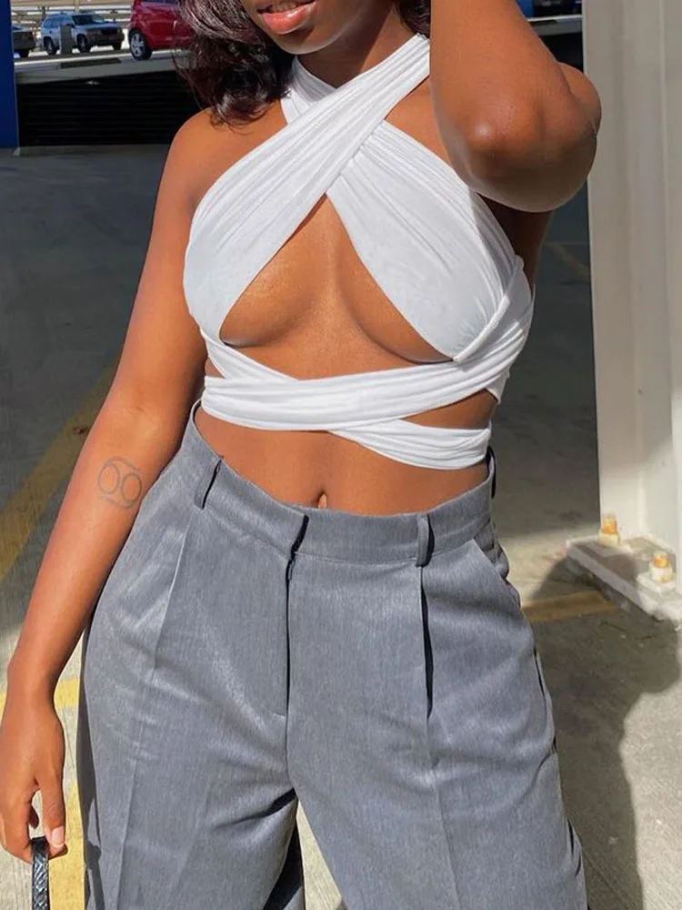 ผู้หญิง Strappy ข้ามด้านหน้าตัดออก Halter คอแขนกุด Backless Crop Top เสื้อกั๊กฤดูร้อนเซ็กซี่เสื้อผู้หญิงเสื้อผ้า