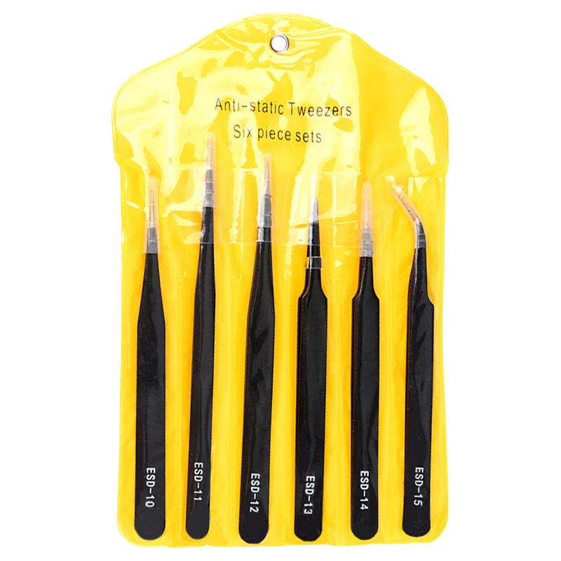 6PCS ESD Anti-Static แหนบสแตนเลส Precision Maintenance อุตสาหกรรมซ่อมโค้งบ้านทํางานมือโทรศัพท์นาฬิกาเครื่องมือ