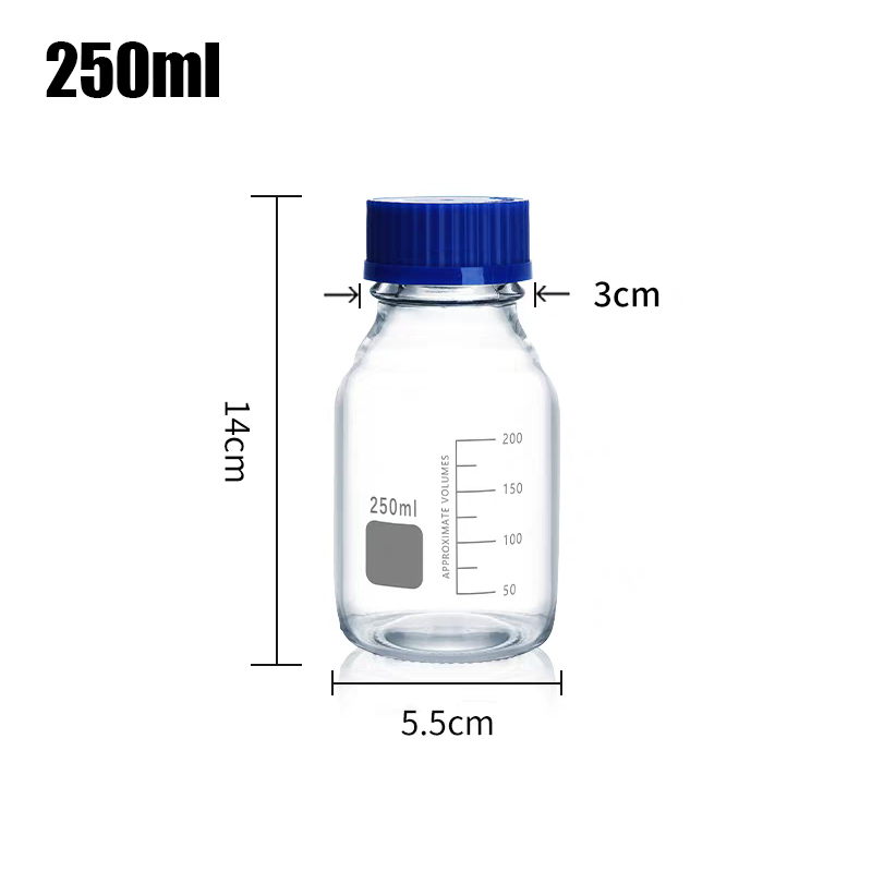 50 ml/100 ml/250 ml Fassungsvermögen, chemische Widerstand, robust, langlebig, Schraubverschluss, blauer Schraubverschluss, Glasreagenz für Labor