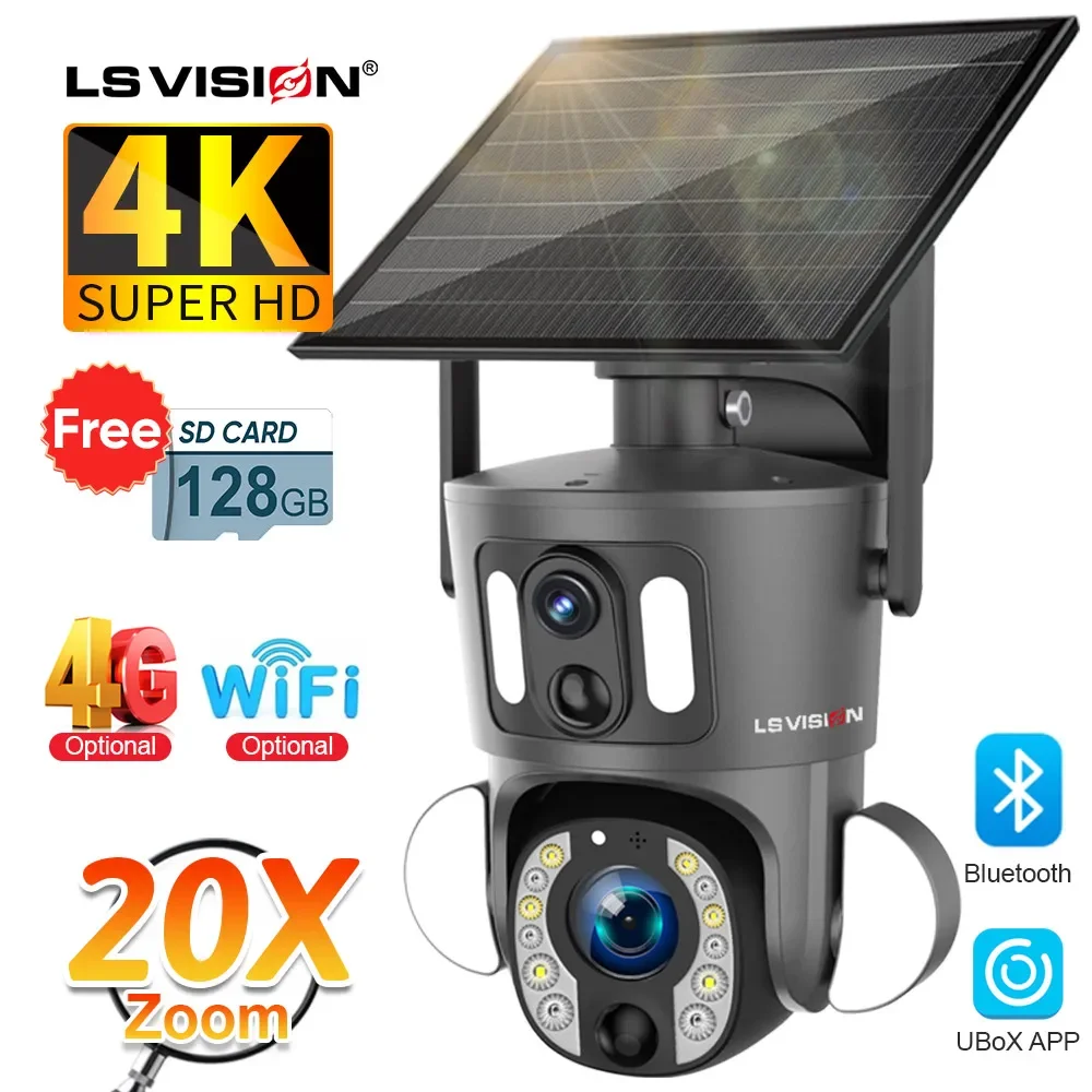 LS VISION-cámara Solar de doble pantalla para exteriores, videocámara de seguridad con Zoom óptico 4K 20X, 8MP, 4G/WiFi, PTZ, detección PIR Dual, seguimiento automático