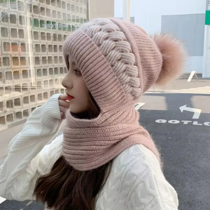 Gorro bufanda todo en uno para mujer, gorro tejido con pelo de conejo cálido para invierno, protección para los oídos para ciclismo, gorro acolchado bonito a prueba de frío para el cuello