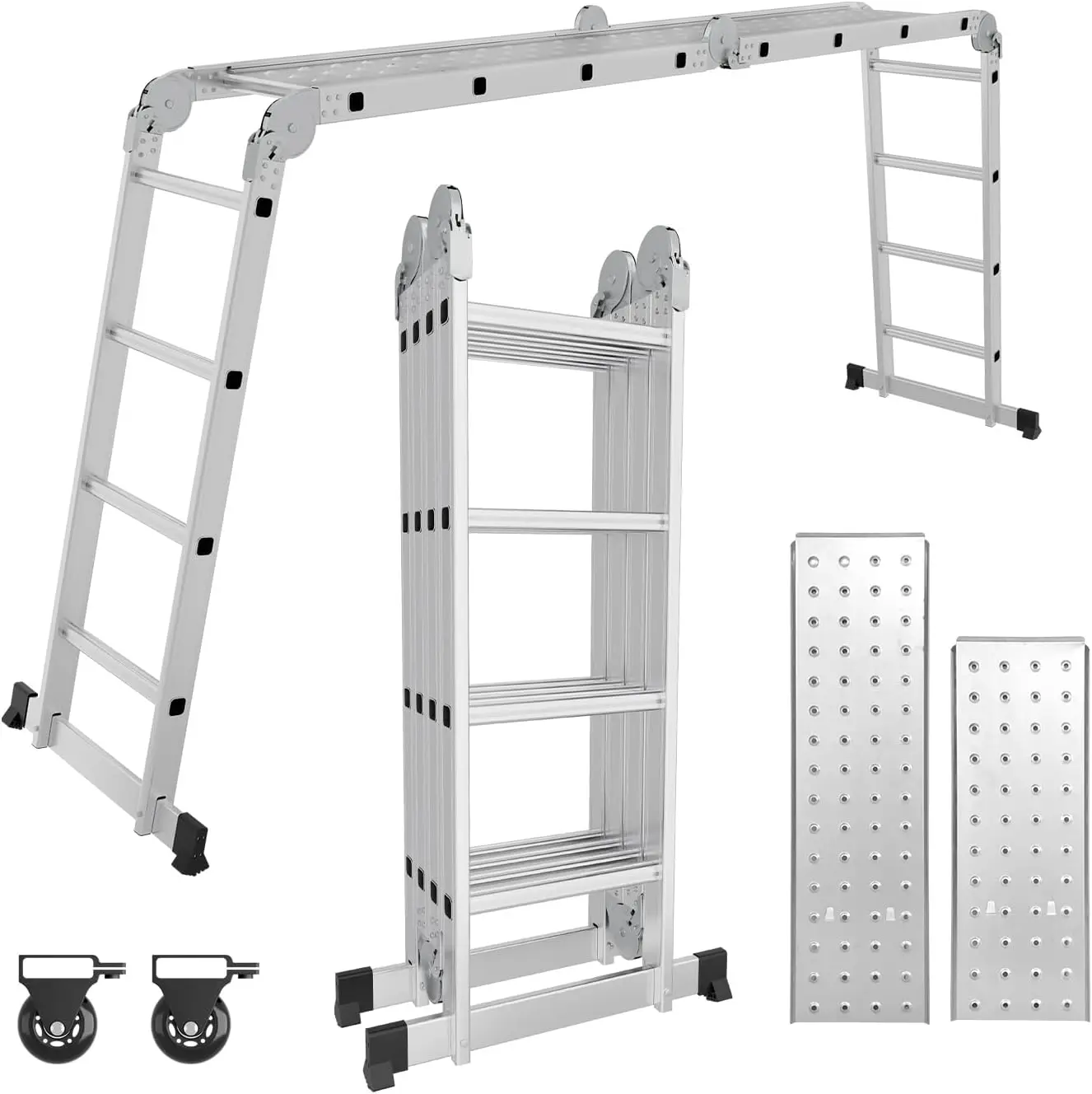 470 cm Aluminium 4x4 m multifunktion ale Klapp leiter mit 2 Gerüst platten, 2 Rädern, 16 Stufen, 7-in-1-Design, stabil und po