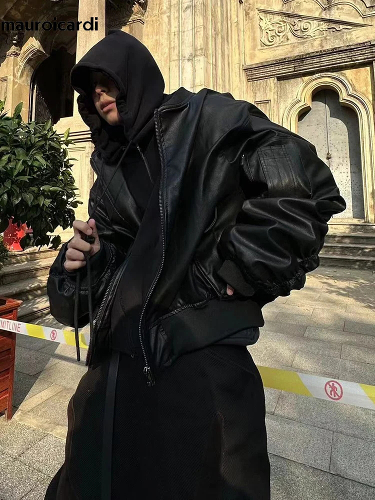 Mauroicardi Herbst Winter Übergroße Kühle Schwarz Verdickte Warme Pu Leder Bomber Jacke Männer Kapuze Luxus Designer Gefälschte 2 Kleidung