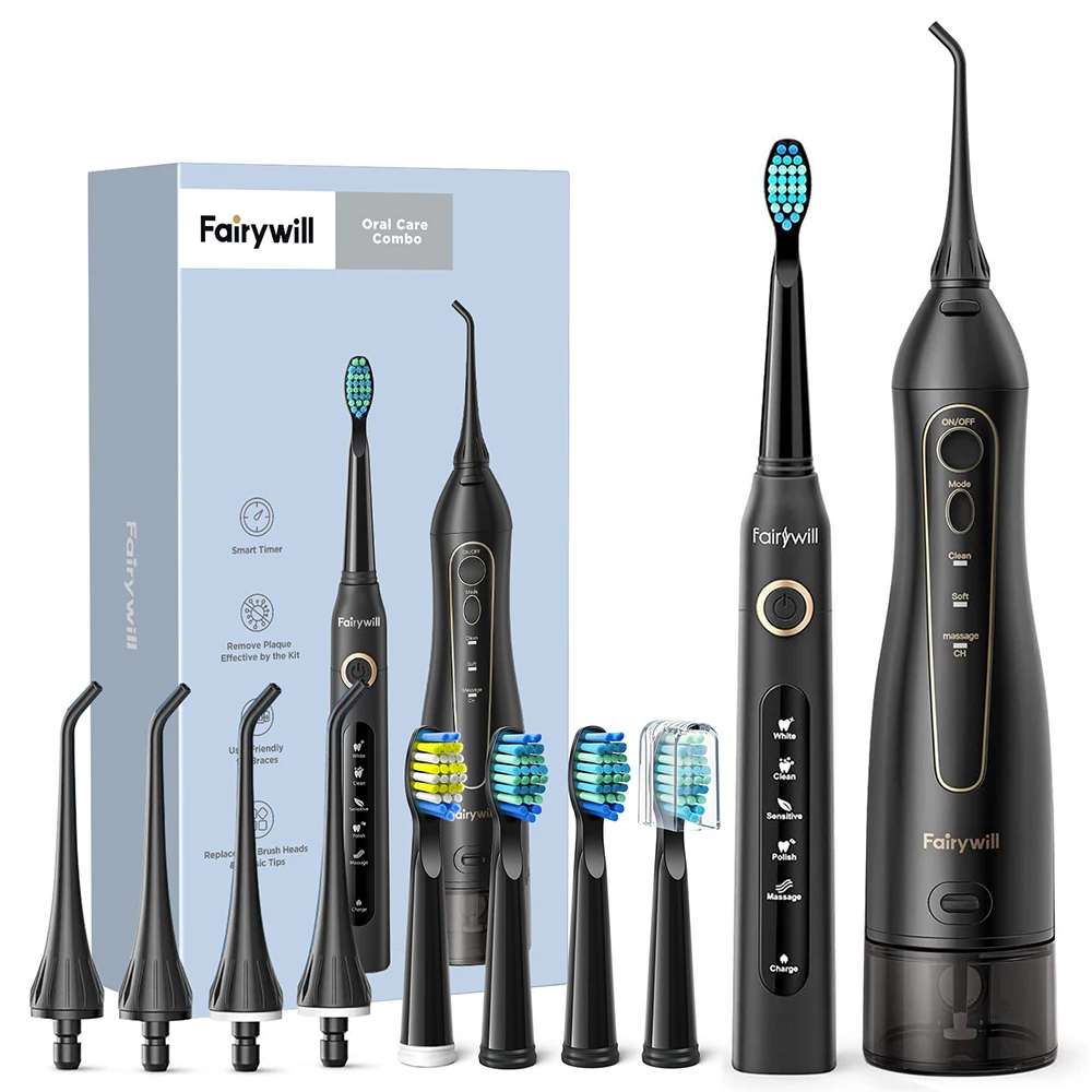 Fairywill água dental flosser dentes portátil sem fio usb irrigador oral limpador ipx7 à prova dwaterproof água conjunto de escova de dentes elétrica casa